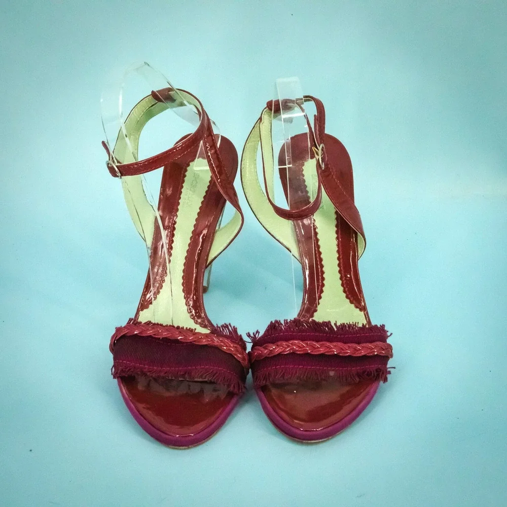 Sportmax Max Mara 40 Size 10 Pink Patent Leather Fringe Strappy High Heel Sandal
